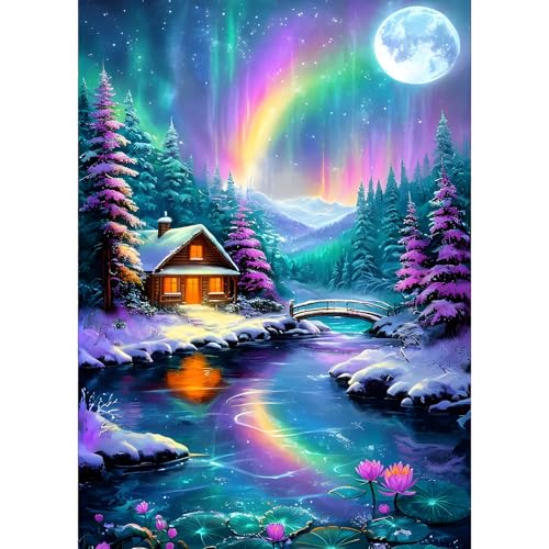 GDYEEH Aurora Borealis Diamond Painting Erwachsene, 5D Regenbogen Diamant Kunst Bilder Anfänger, DIY Hütte Runder Vollbohrer Diamanten Malerei Stickerei Kreuzstich Geschenke Home Wand Dekor 30x40cm von GDYEEH