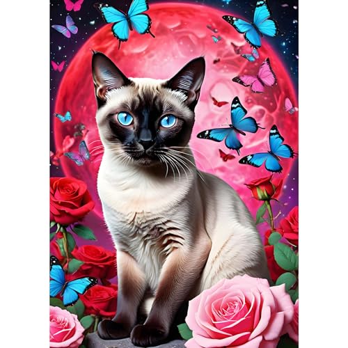 GDYEEH Blauäugige Katze Diamond Painting Erwachsene, 5D Schmetterling Diamant Kunst Bilder Anfänger, DIY Runder Vollbohrer Blutmond Diamanten Malerei Stickerei Geschenke Home Wand Dekor 30x40 cm von GDYEEH