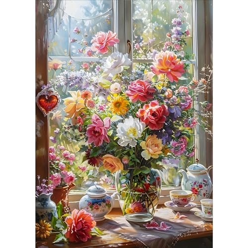 GDYEEH Bunte Blumen Diamond Painting Erwachsene, 5D Vase Diamant Kunst Bilder Anfänger, DIY Runder Vollbohrer Fenster Diamanten Malerei Stickerei Kreuzstich Geschenke Home Wand Dekor 30x40 cm von GDYEEH