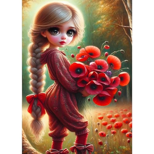 GDYEEH Elfenmädchen Diamond Painting Erwachsene, 5D MohnBlumen Diamant Kunst Bilder Anfänger, DIY Runder Vollbohrer Große Augen Diamanten Malerei Stickerei Kreuzstich Geschenke Home Wand Dekor 30x40cm von GDYEEH
