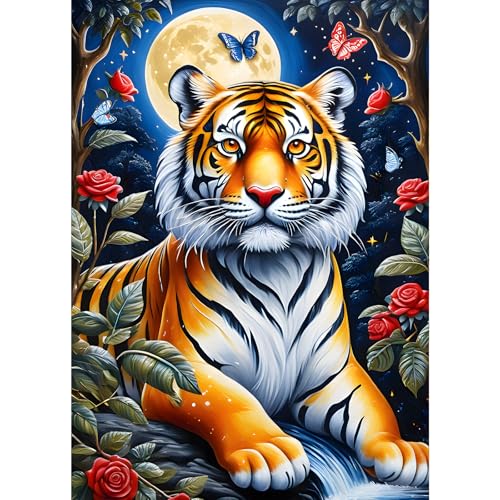 GDYEEH Fantasie Tiger Diamond Painting Erwachsene, 5D Mond Diamant Kunst Bilder Anfänger, DIY Schmetterling Runder Vollbohrer Diamanten Malerei Stickerei Kreuzstich Geschenke Home Wand Dekor 30x40cm von GDYEEH
