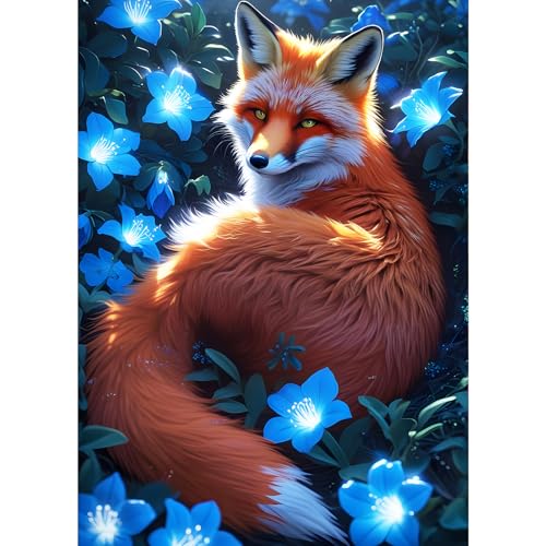 GDYEEH Fuchs Diamond Painting Erwachsene, 5D Blaue Blumen Diamant Kunst Bilder Anfänger, DIY Runder Vollbohrer Traumland Diamanten Malerei Stickerei Kreuzstich Geschenke Home Wand Dekor 30x40 cm von GDYEEH