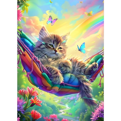 GDYEEH Hängematte Katze Diamond Painting Erwachsene, 5D Schmetterling Diamant Kunst Bilder Anfänger, DIY Runder Vollbohrer Regenbogen Diamanten Malerei Stickerei Geschenke Home Wand Dekor 30x40 cm von GDYEEH