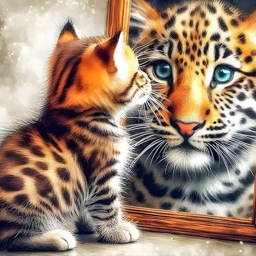 GDYEEH Katze und Tiger Diamond Painting Erwachsene, 5D Fantasie Diamant Painting Bilder Anfänger, DIY Runder Vollbohrer Diamanten Malerei Stickerei Kreuzstich Geschenke Home Wand Dekor 30x30cm von GDYEEH