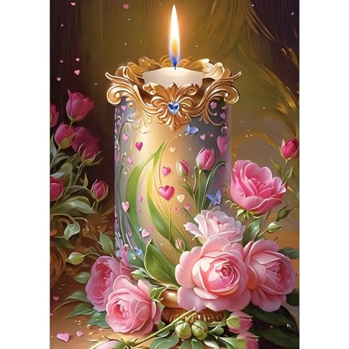 GDYEEH Kerze Diamond Painting Erwachsene, 5D Diamant Painting Bilder Anfänger, DIY Rosa Blumen Runder Vollbohrer Diamanten Malerei Stickerei Kreuzstich Geschenke Home Wand Dekor 30x40cm von GDYEEH