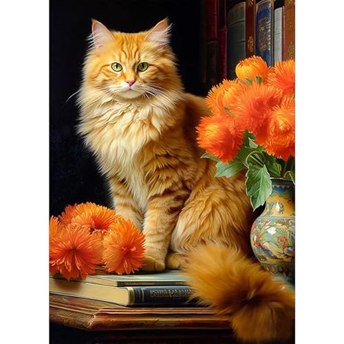 GDYEEH Orangefarbene Katze Diamond Painting Erwachsene, 5D Kätzchen Diamant Kunst Bilder Anfänger, DIY Runder Vollbohrer Blumen Diamanten Malerei Stickerei Kreuzstich Geschenke Home Wand Dekor 30x40cm von GDYEEH