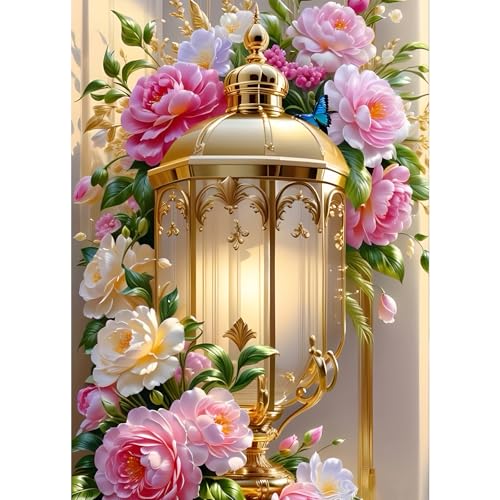 GDYEEH Pfingstrose Blumen Diamond Painting Erwachsene, 5D Straßenlampe Diamant Kunst Bilder Anfänger, DIY Runder Vollbohrer Diamanten Malerei Stickerei Kreuzstich Geschenke Home Wand Dekor 30x40cm von GDYEEH