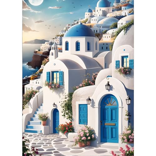 GDYEEH Santorin Diamond Painting Erwachsene, 5D Haus Diamant Painting Bilder Anfänger, DIY Kirche Runder Vollbohrer Diamanten Malerei Stickerei Kreuzstich Geschenke Home Wand Dekor 30x40cm von GDYEEH