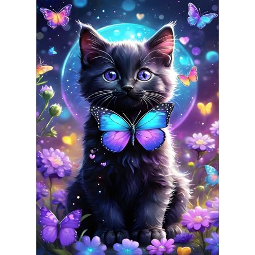 GDYEEH Schwarze Katze Diamond Painting Erwachsene, 5D Blumen Diamant Kunst Bilder Anfänger, DIY Schmetterling Runder Vollbohrer Diamanten Malerei Stickerei Kreuzstich Geschenke Home Wand Dekor 30x40cm von GDYEEH