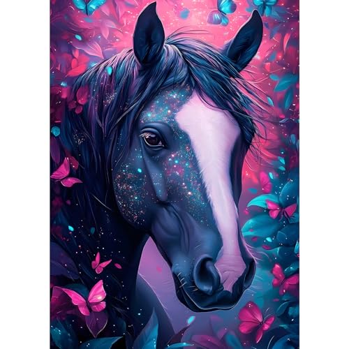 GDYEEH Schwarzes Pferd Diamond Painting Erwachsene, 5D Horse Diamant Kunst Bilder Anfänger, DIY Schmetterling Runder Vollbohrer Diamanten Malerei Stickerei Kreuzstich Geschenke Home Wand Dekor 30x40cm von GDYEEH