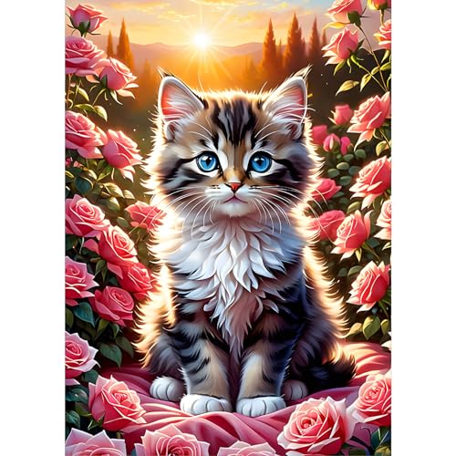 GDYEEH Süße Katze Diamond Painting Erwachsene, 5D Kätzchen Diamant Kunst Bilder Anfänger, DIY Blumen Runder Vollbohrer Diamanten Malerei Stickerei Kreuzstich Geschenke Home Wand Dekor 30x40cm von GDYEEH