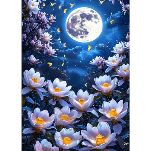 GDYEEH Weiße Blumen Diamond Painting Erwachsene, 5D Mond Diamant Kunst Bilder Anfänger, DIY Nachthimmel Runder Vollbohrer Diamanten Malerei Stickerei Kreuzstich Geschenke Home Wand Dekor 30x40cm von GDYEEH