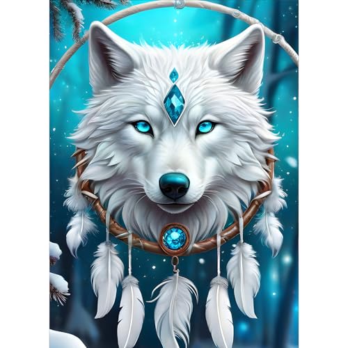 GDYEEH Weißer Wolf Diamond Painting Erwachsene, 5D Traumfänger Diamant Kunst Bilder Anfänger, DIY Runder Vollbohrer Feder Diamanten Malerei Stickerei Kreuzstich Geschenke Home Wand Dekor 30x40 cm von GDYEEH