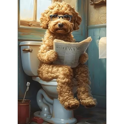 GDYEEH Welpe Liest Zeitung Diamond Painting Erwachsene, 5D Hund Diamant Kunst Bilder Anfänger, DIY Runder Vollbohrer Badezimmer Diamanten Malerei Stickerei Kreuzstich Geschenke Home Wand Dekor 30x40cm von GDYEEH
