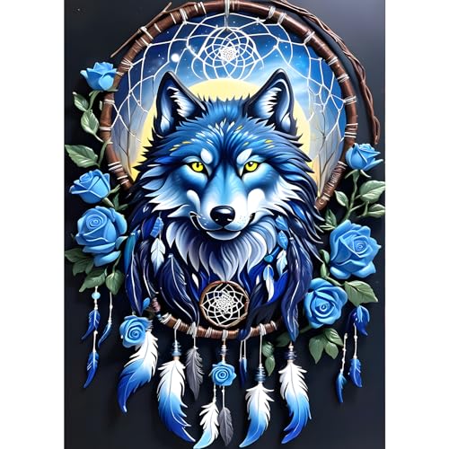 GDYEEH Wolf Diamond Painting Erwachsene, 5D Traumfänger Diamant Kunst Bilder Anfänger, DIY Runder Vollbohrer Blaue Rosen Diamanten Malerei Stickerei Kreuzstich Geschenke Home Wand Dekor 30x40cm von GDYEEH