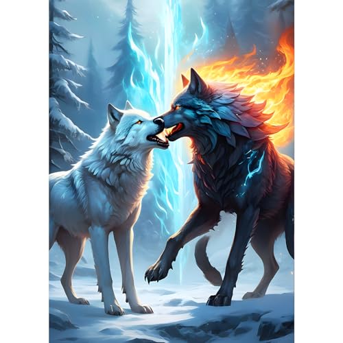 GDYEEH Zwei Wölfe Diamond Painting Erwachsene, 5D Eis und Feuer Diamant Kunst Bilder Anfänger, DIY Runder Vollbohrer Fantasie Diamanten Malerei Stickerei Kreuzstich Geschenke Home Wand Dekor 30x40cm von GDYEEH