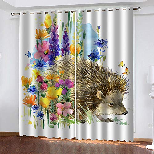 GDYRBY Gardinen Vorhang Blickdicht Schlafzimmer Verdunklungsvorhänge 3D Digitaldruck Aquarell Blume Igel Muster Thermovorhang Lichtdicht Für Wohnzimmer Kinderzimmer Küche 200X160cm(HxB) von GDYRBY