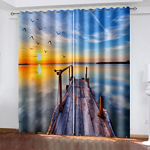 GDYRBY Thermovorhang Mit Ösen Schlaufen 3D Sonnenuntergang An Den Stränden des Ozeans Muster Verdunkelungsvorhang Kinderzimmer Mädchen Junge Schlafzimmer Gardinen 140X160Cm Modern Vorhang Blickdicht von GDYRBY