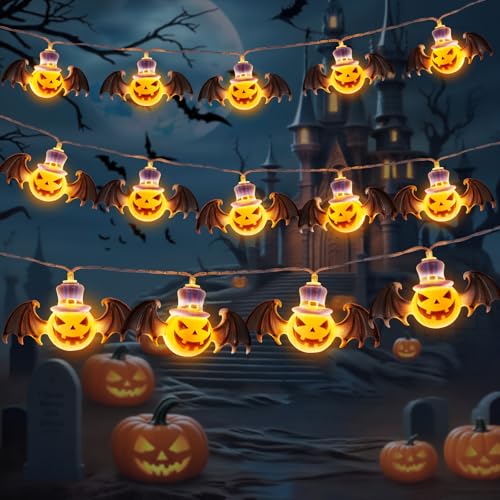 GEARLITE Halloween Kürbis Deko, 3M 20 LED Halloween Fledermaus Groß Lichterkette Innen mit Batterie, IP65 Wasserdicht, 2 Modi Hell Warmweiß Helloween Dekoration Lichterketten für Außen Garten, Party von GEARLITE