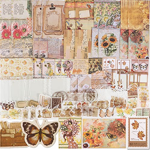 100 Stk Vintage Scrapbooking Sticker Papier Set Blumen Schmetterling Selbstklebend Aufkleber Bastelpapier Retro für DIY Scrapbook Zubehör Fotoalbum Tagebuch Notizbuch Bullet Journal Selbst Gestalten von GEBETTER