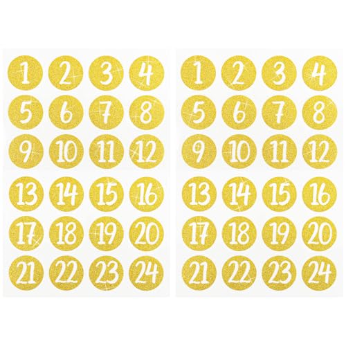 2 Blatt Adventskalender Aufkleber Glitzer Zahlen 1-24 Sterne Sticker für Weihnachten Kalender zum basteln selbstklebend Dekoration Etiketten Weihnachtskalender Nummern für Papiertüten (2 Blatt Rund) von GEBETTER