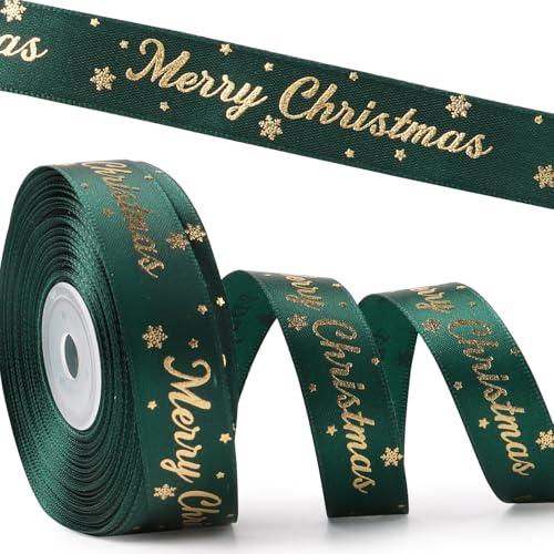 25 Yard Weihnachtsband 2cm breit Geschenkband Satinband Schleifenband Dekoband zum Basteln Band Weihnachten Stoffband Ribbon für Geschenk Weihnachtsbaum Dekoration Weihnachtsdeko (Grün~MerryChristmas) von GEBETTER