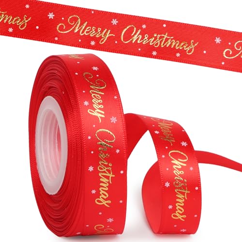 25 Yard Weihnachtsband 2cm breit Geschenkband Satinband Schleifenband Dekoband zum Basteln Band Weihnachten Stoffband Ribbon für Geschenk Weihnachtsbaum Dekoration Weihnachtsdeko (Rot) von GEBETTER