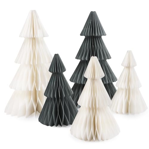 5 Stück 2 Größe Weihnachtsbaum Tischdeko Magnetverschluss Weihnachten Party Bienenwaben Mittelstück Tannenbaum Dekoration Tischaufsätze für Weihnachtsdeko Papierbaum (Grau + Weiß, 25cm*2 + 15cm*3) von GEBETTER