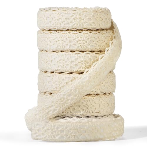 6 Rollen 10,9 m selbstklebend Spitzenband Baumwolle Stoff Spitze Vintage Zierband für Handwerk Hochzeit Geburtstag Dekoration DIY Basteln Scrapbooking Deko Spitzenborte Dekoband Bordüre (Beige) von GEBETTER