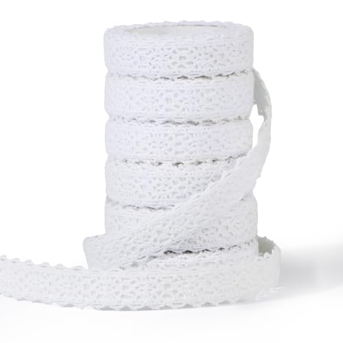 6 Rollen 10,9 m selbstklebend Spitzenband Baumwolle Stoff Spitze Vintage Zierband für Handwerk Hochzeit Geburtstag Dekoration DIY Basteln Scrapbooking Deko Spitzenborte Dekoband Bordüre (Weiß) von GEBETTER