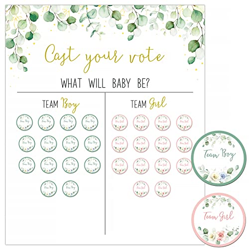61pcs Gender Reveal Party Deko Set, 1* Gender Reveal Abstimmung Poster + 60* Aufkleber Team Boy Team Girl für Baby Shower Babyparty Geschlecht Verkündung Party Zubehör Enthüllung Partydeko (GrünBlatt) von GEBETTER