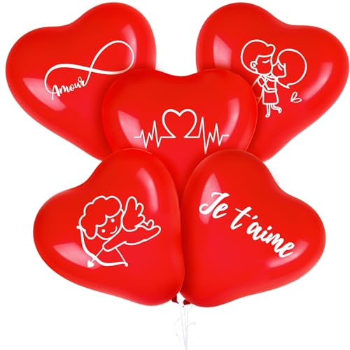 Französisch 25 Stk 5 Stilen Je t'aime Luftballons 10 Zoll Herzluftballons Rot Herz Ballons Helium Ich Liebe Dich Deko Balloons Herzballons für Valentinstag Hochzeit Verlobung Party Dekoration von GEBETTER