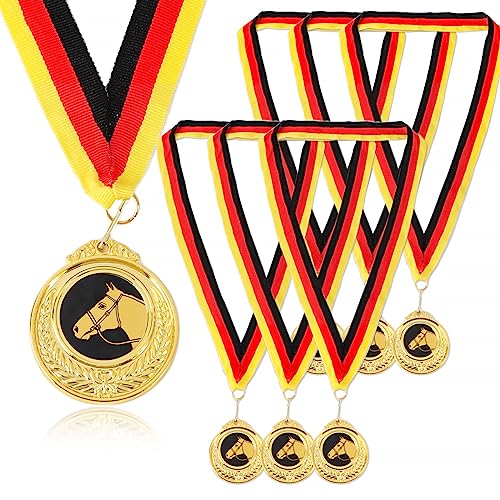 GEBETTER 6 Stück Pferde Medaillen Kindergeburtstag aus Metall Goldmedaillen mit schwarz rot goldenem Band für Jungen Mädchen Kinder Erwachsene als Mitgebsel von GEBETTER
