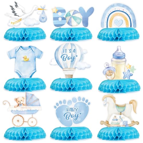 GEBETTER 9 Stück Gender Reveal Party Deko Bienenwabe Mittelstück Tischdekoration Mädchen oder Jungen Dekoration für Tischdeko Babyparty Baby Shower Tischaufsätze Geschlecht Verkünden (Jungen) von GEBETTER