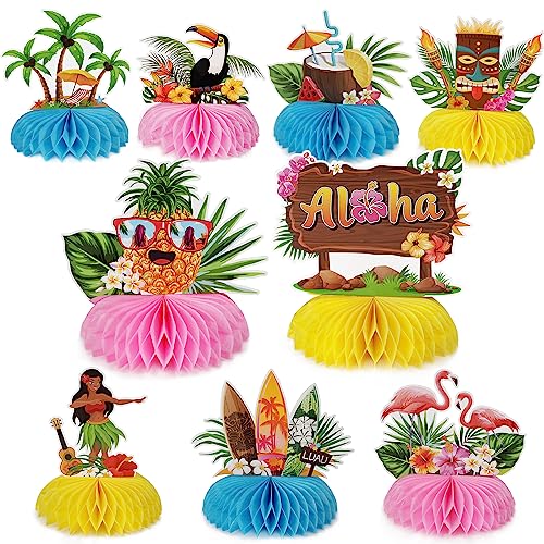 GEBETTER 9 Stück Hawaii Party Deko Tischdeko Luau Bienenwabe Mittelstücke Tropische Künstlich Dekoration für Mottoparty Aloha Strand Party Sommer Urlaub Geburtstag von GEBETTER