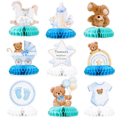 9 Stück Gender Reveal Party Deko Bienenwabe Mittelstück Tischdekoration Bär Dekoration für Baby Shower Babyparty Geschlecht Verkündung Party Zubehör Enthüllung Partydeko Tischaufsätze (Blau) von GEBETTER