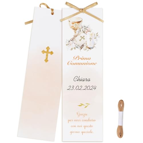 GEBETTER Italienisch 30 Kommunion Etiketten mit Seidenband Konfirmation Tags Geschenkanhänger Taufe Karte Taufkarte Jungen Mädchen Platzhalter Geburt Baby Shower Lesezeichen Papieranhänger (Beige) von GEBETTER