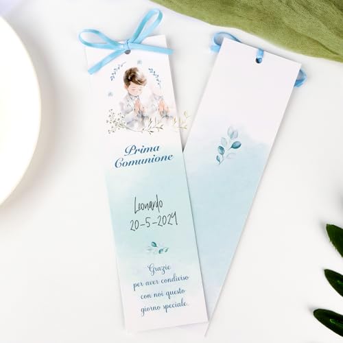 GEBETTER Italienisch 30 Kommunion Etiketten mit Seidenband Konfirmation Tags Geschenkanhänger Taufe Karte Taufkarte Jungen Mädchen Platzhalter Geburt Baby Shower Lesezeichen Papieranhänger (Hellblau) von GEBETTER