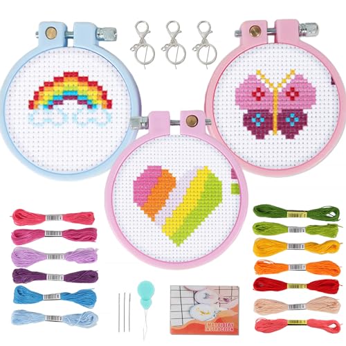 GEBETTER Kreuzstich Anfänger Set Kinder Stickerei Kits Erwachsene vorgedruckt Embroidery enthält 3 Kreuzstichmuster und 3 Stickrahmen Ring für DIY Kunst Handwerk Nähen von GEBETTER