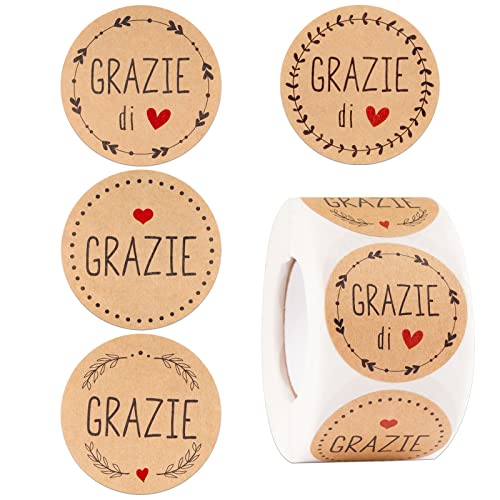 Italienisch 500 Stk 4cm Kraftpapier GRAZIE Aufkleber Thanksgiving Sticker Selbstklebend Etiketten Marmeladenglas Geschenksticker für Geschenktüten für Weihnachten Geburtstag Hochzeit Erntedankfest von GEBETTER