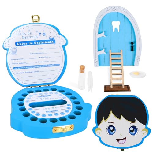 Spanisch Milchzahndose Holz Zahndose Milchzähne Box Aufbewahrungsbox für Baby Zähne Zahnbox Milchzähne Erinnerungsbox Geschenke zur Geburt Mini Figuren Künstlich Ornament Miniatur (Blau (Junge)) von GEBETTER