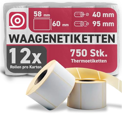 Gebongt24 Waagenetiketten 58 x 60 mm 12 Rollen 9000 rechteckige Einzeletiketten selbstklebend, Phenolfrei & stark haftend Ø 98 mm kompatibel mit Bizerba & weiteren Waagen für Theke & Kasse von GEBONGT24