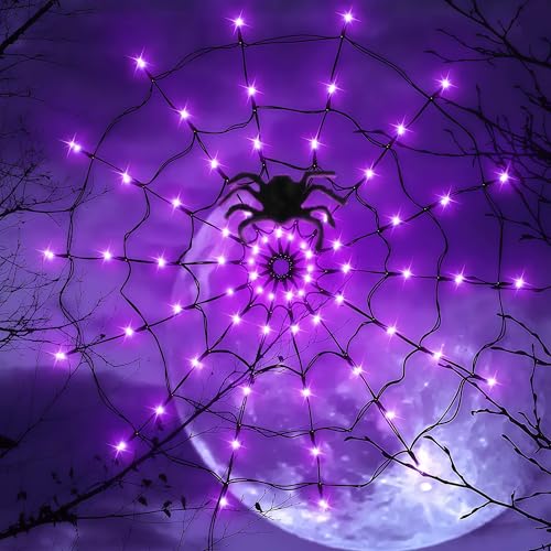 GEDEGOOK Halloween Deko Lichterkette, 1.2M 70 LED Spinnennetz Deko Outdoor Lichterkette Batteriebetrieben Wasserdicht 8 Modi Innen Beleuchtung für Herbstdeko Halloween Garten Party Dekoration, Lila von GEDEGOOK