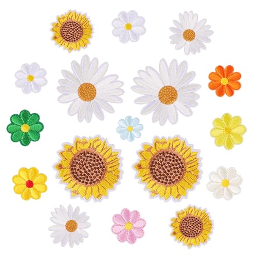 GEEHUA 17 Stück Sonnenblumen Aufnäher zum Aufbügeln, Gänseblümchen Aufnäher, Applikationen Patches Kleidungsreparatur Stickereien für Jeans, Taschen, Jacken, Hüte, DIY Bastelarbeiten von GEEHUA