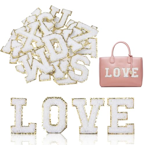 GEEHUA 26 Stück Selbstklebende Chenille Buchstaben Patches, Weiße Applikation Alphabet Patch, Initialen Patch zum Aufkleben für Selbstgemachte Hemden, Schuhe, Jeans, Rucksäcke, Hüte von GEEHUA