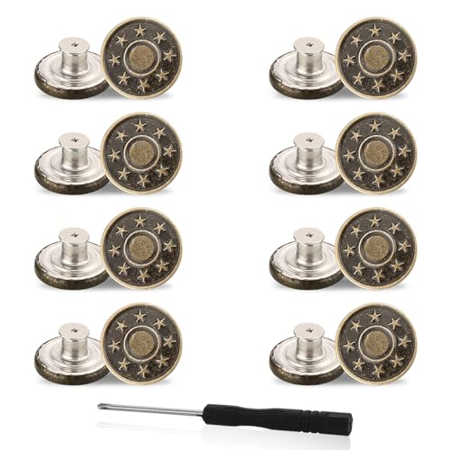 GEEHUA 8 Stück Verstellbare Ersatzknöpfe, kein Nähen abnehmbare Metallknöpfe Jeansknöpfe Reparatur Kombi Gewinde Nieten und Schraubendreher für jede Cowboy Kleidung Jacken und Hosen(17mm) von GEEHUA