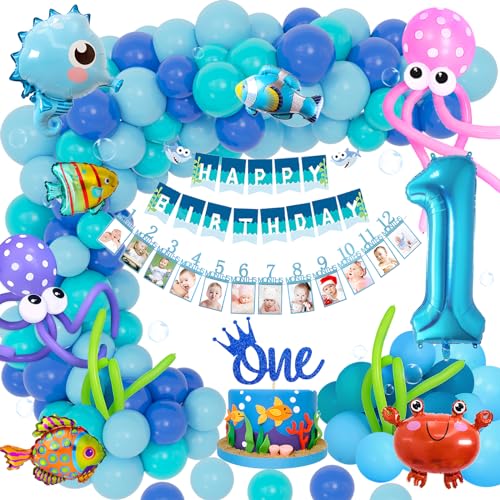 Geburtstagsdeko 1 Jahr Junge, Deko 1. Geburtstag Junge Mädchen, Deko Unterwasserwelt Kindergeburtstag 1 Jahr, Luftballons Meerestiere, Blau Monat Foto Banner für Erster Geburtstag Party Deko Geburtstagsdeko 1 Jahr Junge, Deko 1. Geburtstag Junge Mädchen, Deko Unterwasserwelt Kindergeburtstag 1 Jahr, Luftballons Meerestiere, Blau Monat Foto Banner für Erster Geburtstag Party Deko von GEEKEO