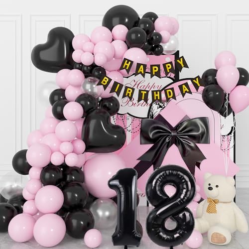 Deko 18. Geburtstag Mädchen, 18. Geburtstag Deko Mädchen, Pink Schwarz Luftballons 18 Jahre Geburtstag, Happy Birthday Banner Birthday Decorations, 18. Geburtstagsdeko Mädchen Party Deko von GEEKEO