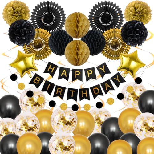 Geburtstagsdeko Schwarz Gold Party Deko, Geburtstag Deko Luftballons Männer Frauen Banner- Happy Birthday Girlande, Wimpelkette Luftschlangen Pompons Deko für 18-60.Geburtstag Party Dekoration Geburtstagsdeko Schwarz Gold Party Deko, Geburtstag Deko Luftballons Männer Frauen Banner- Happy Birthday Girlande, Wimpelkette Luftschlangen Pompons Deko für 18-60.Geburtstag Party Dekoration von GEEKEO
