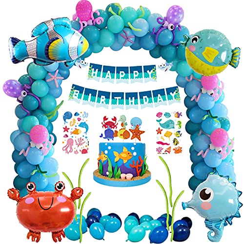 Meer Geburtstagsdeko Jungen Mädchen, Deko Unterwasserwelt Kindergeburtstag Ozean Luftballons Geburtstag mit 3D Ballons Meerestiere Birthday Banner Blau Party Deko Geburtstag für Kinder von GEEKEO